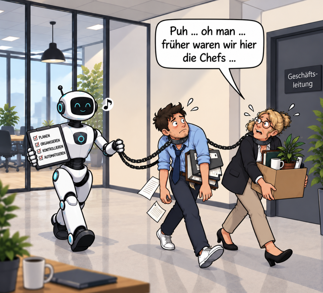 Roboter führt zwei ehemalige Führungskräfte aus einem Büro.
